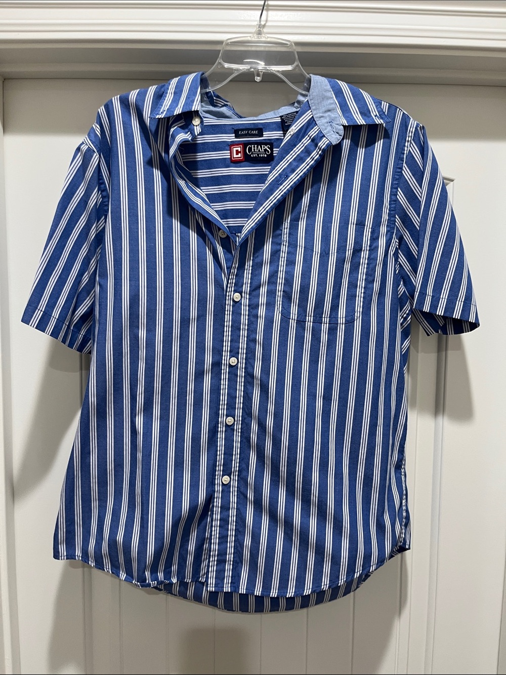Chaps Blue and White Striped Short-Sleeve Button-Down Shirt